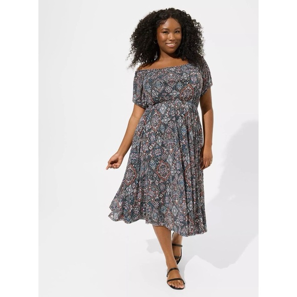 💚Torrid Mesh BOHO Midi Off the Shoulder Long Dress Stretchy Lined Colorful Print - Picture 1 of 9